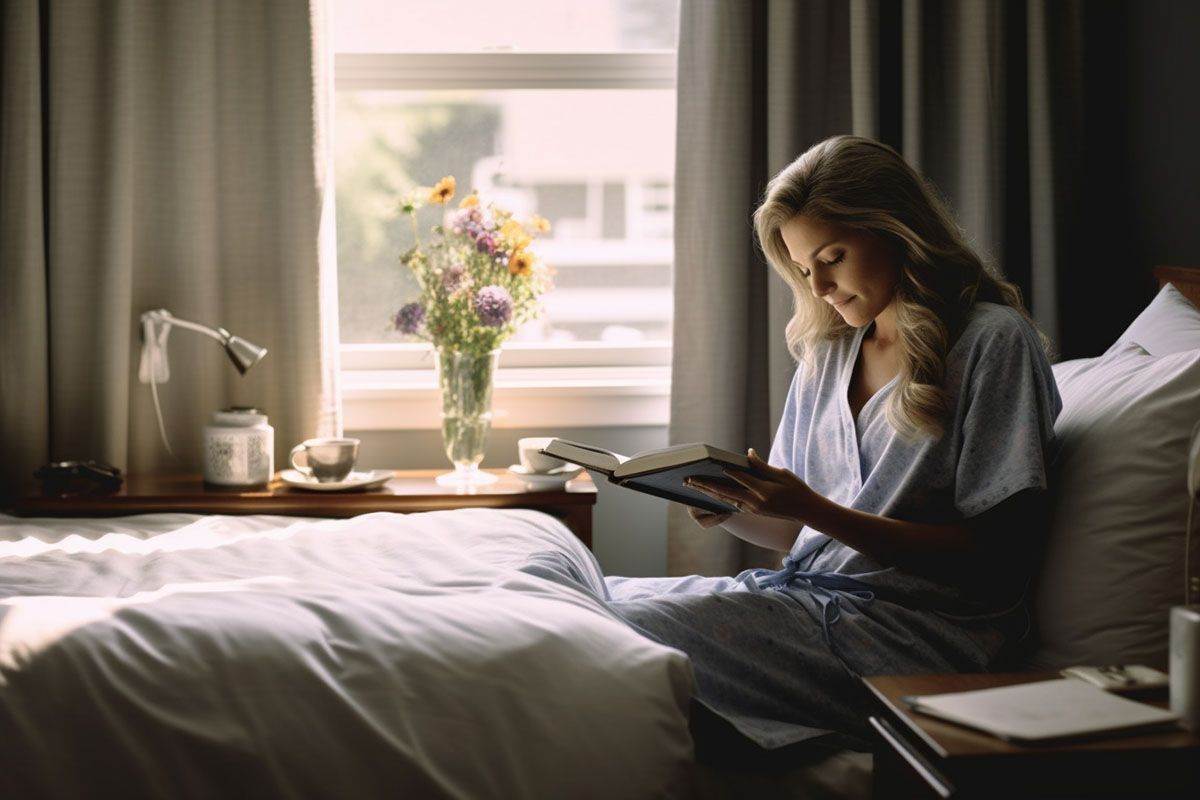 Mulher lê livro ao lado da cama: Formação para Cuidadores