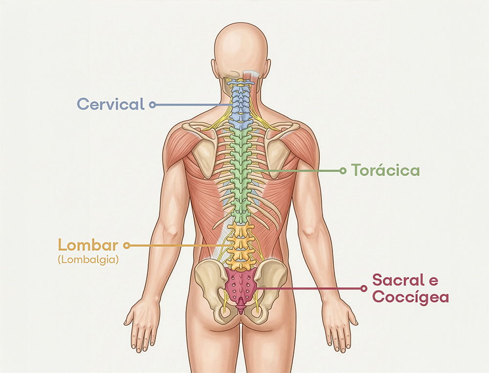 Ilustração sobre a coluna humana e suas regiões